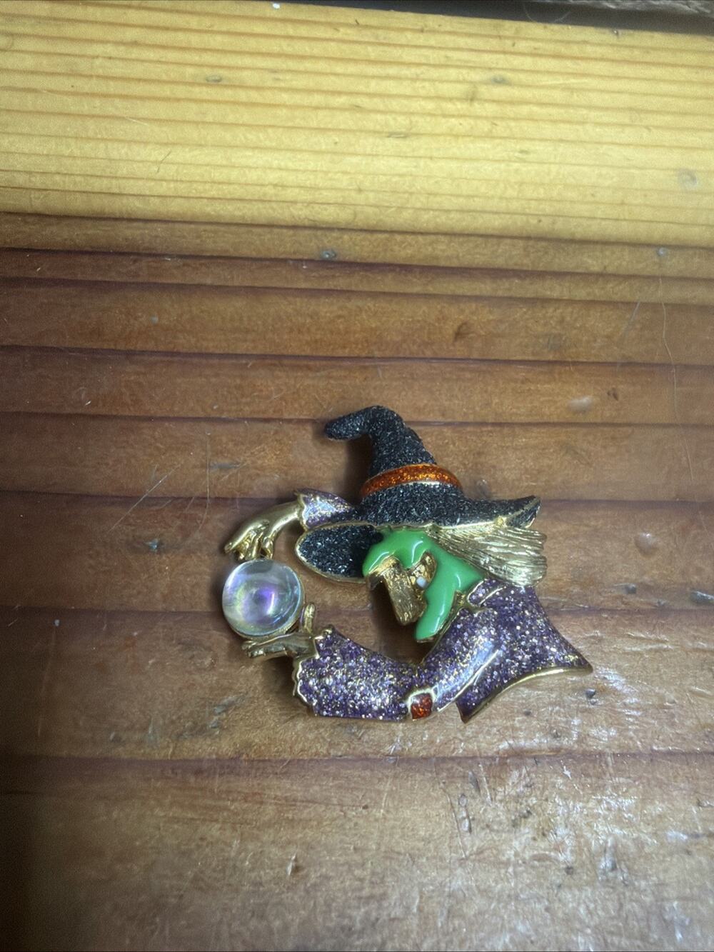 Glitter Witch With Crystal Ball Pin Brooch